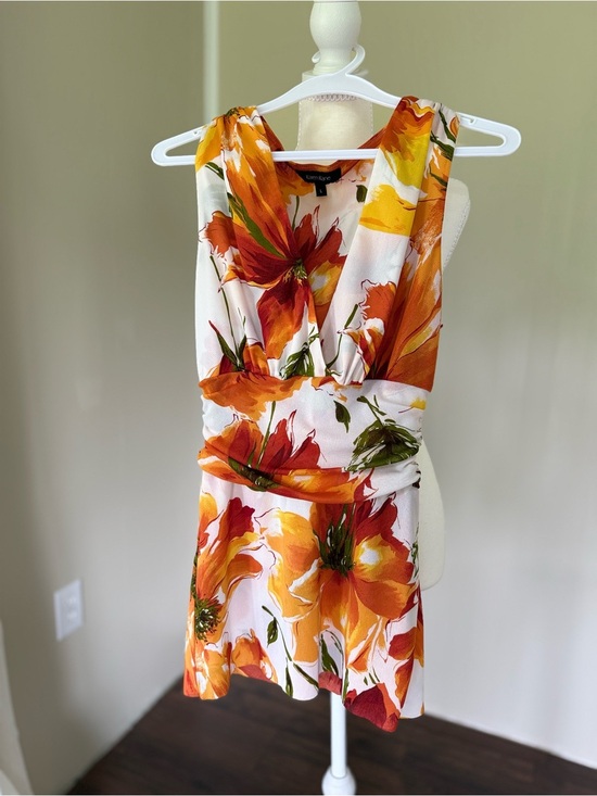 Karen Kane Tops - Karen Kane Floral Orange Sleeveless Blouse Tank Top Draped Waist Fairycore Work
